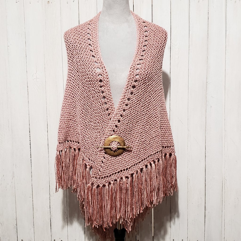 New Pink Metallic Hand Knitted Shawl Wrap Scarf Boho Fringe Cottage Fairy Whimsy